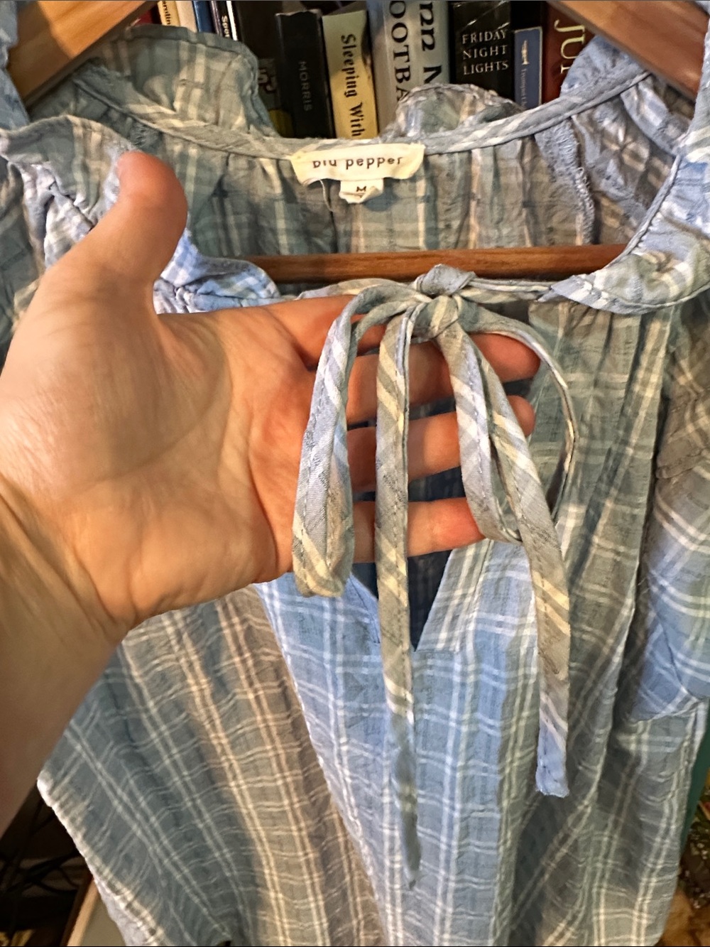 Blu Pepper Light Blue Plaid Ruffle Sleeve Tie-Neck Top - Picture 7 of 11